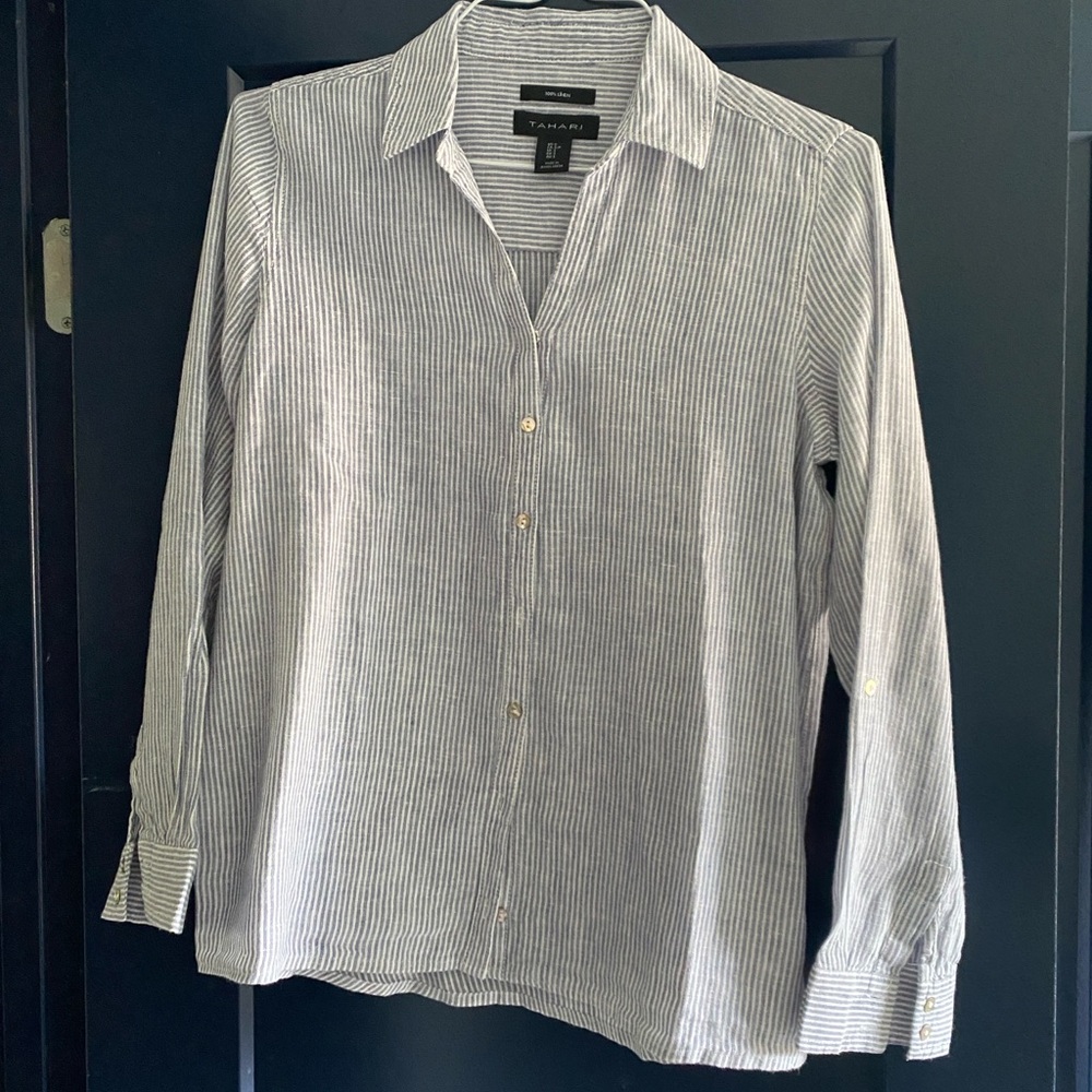Tahari Linen Blue & White Striped Button Down Shirt